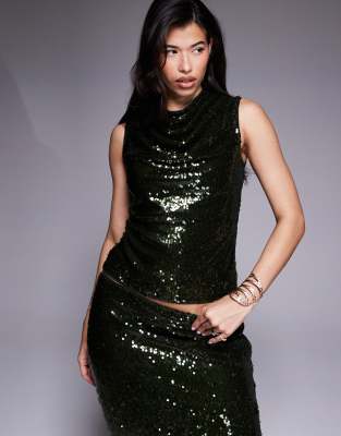 Asos Design Sheer Sequin Cowl Neck Top Set In Black