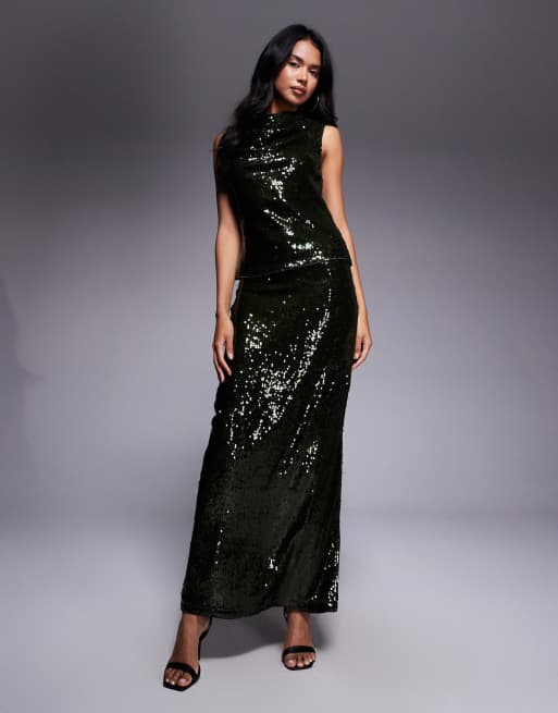 ASOS DESIGN sheer sequin cowl neck top set in olive