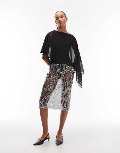 ASOS DESIGN sheer sequin mesh knee length midi skirt in black - view 1