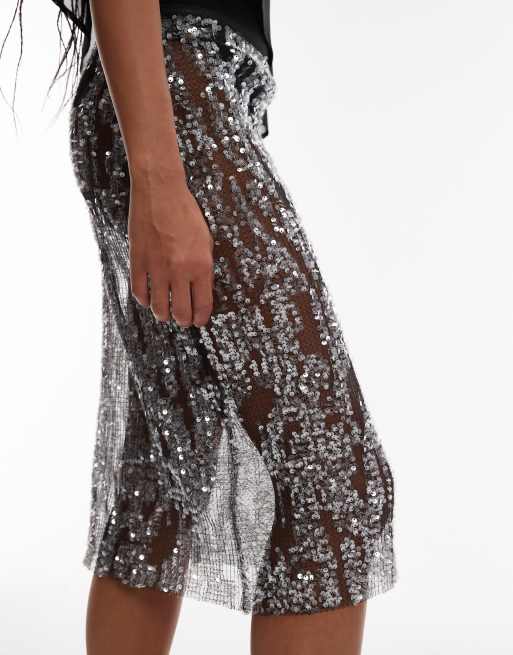 ASOS DESIGN sheer sequin mesh knee length midi skirt in black, 3 of 5