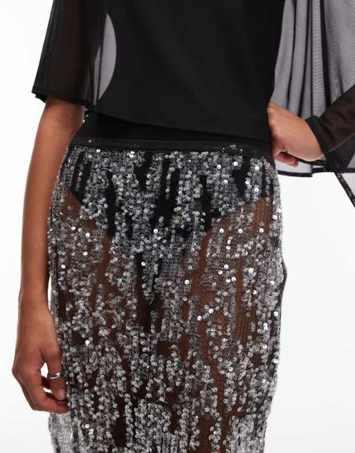 ASOS DESIGN sheer sequin mesh knee length midi skirt in black
