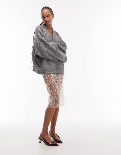 ASOS DESIGN sheer sequin mesh knee length midi skirt in silver