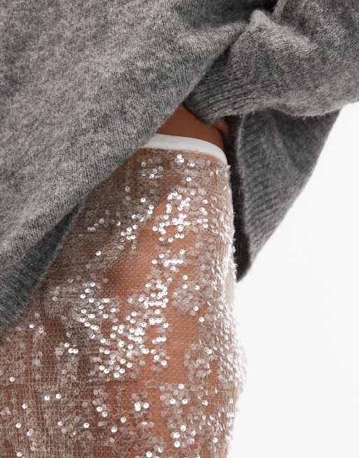ASOS DESIGN sheer sequin mesh knee length midi skirt in silver