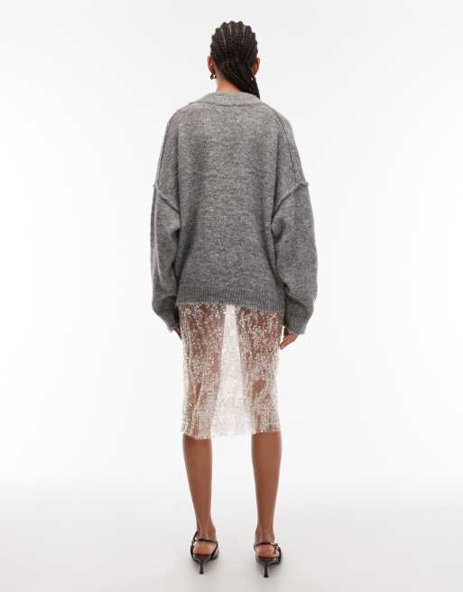 ASOS DESIGN sheer sequin mesh knee length midi skirt in silver