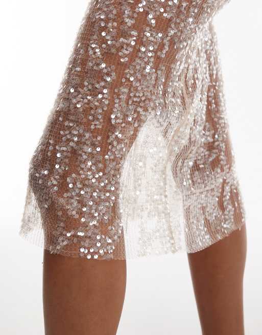 ASOS DESIGN sheer sequin mesh knee length midi skirt in silver