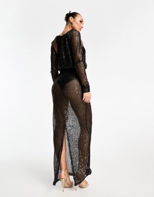 ASOS DESIGN sheer sequin mesh maxi dress with drape bodice and bodysuit in  black | ASOS
