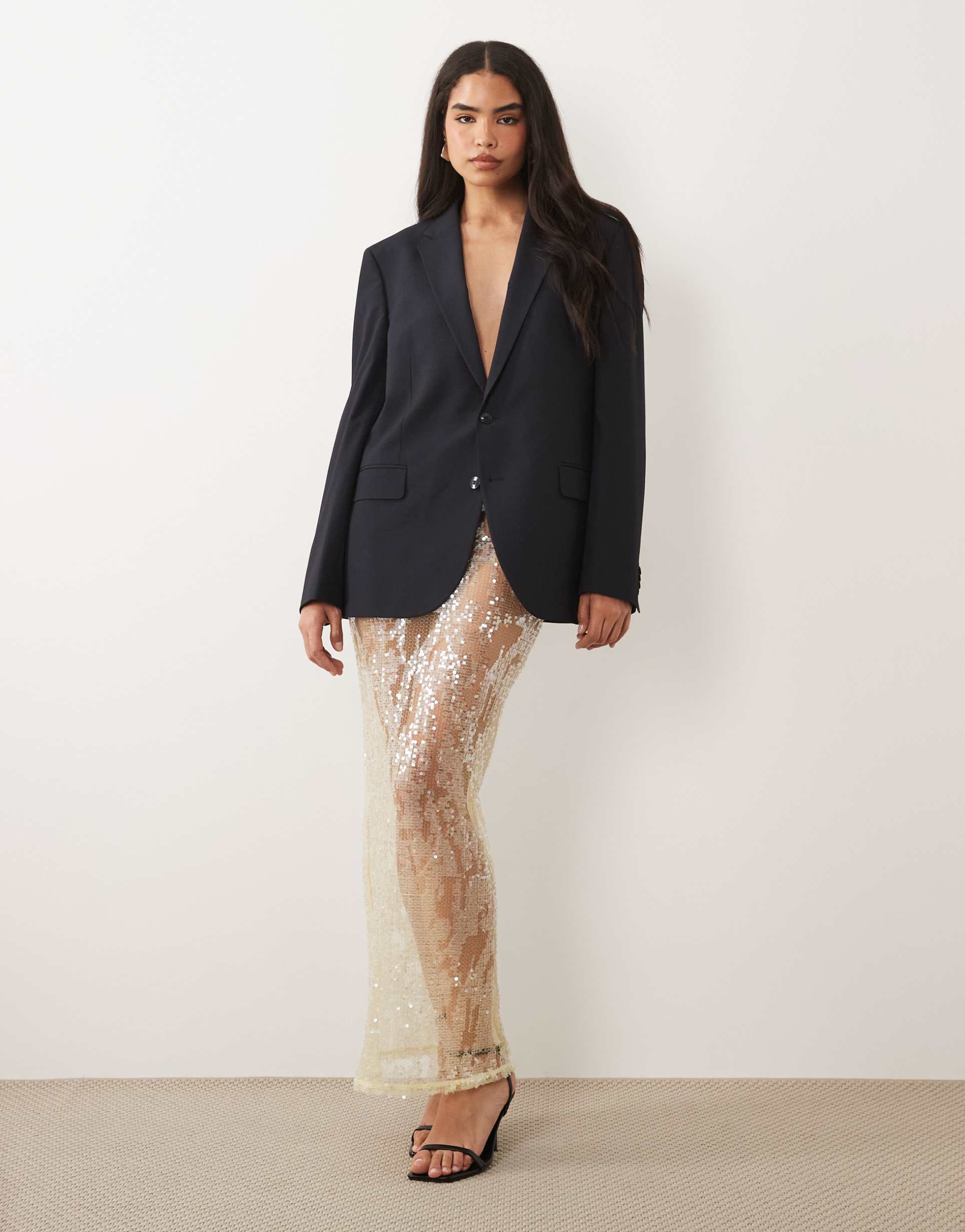 asos design sheer sequin mesh maxi lace skirt in yellow - part of a set