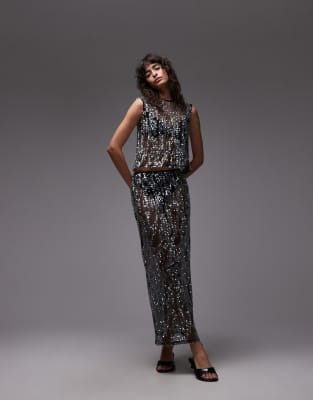 Asos Design Sheer Sequin Mesh Maxi Skirt In Black