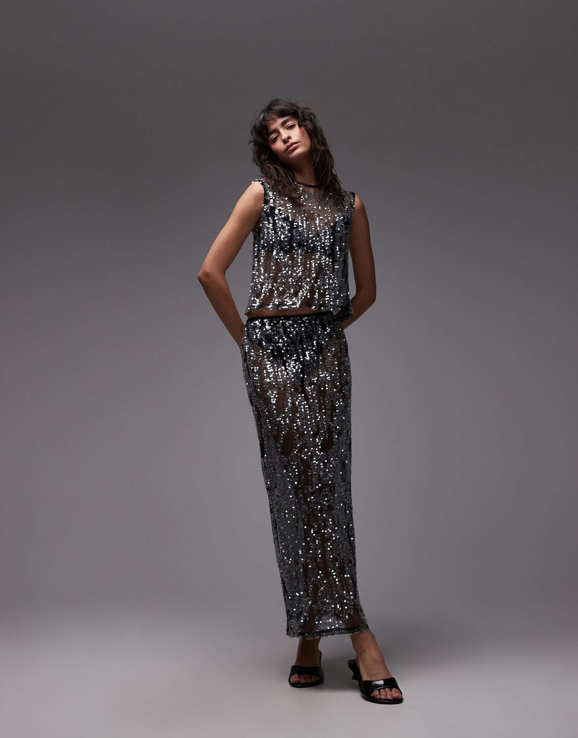 asos design sheer sequin mesh maxi skirt in black