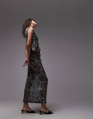 Asos Design Sheer Sequin Mesh Maxi Skirt In Black