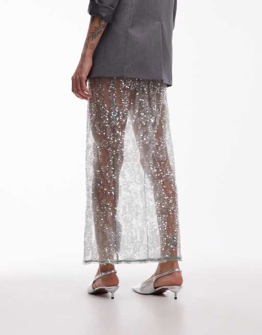ASOS DESIGN sheer sequin mesh maxi skirt in mint