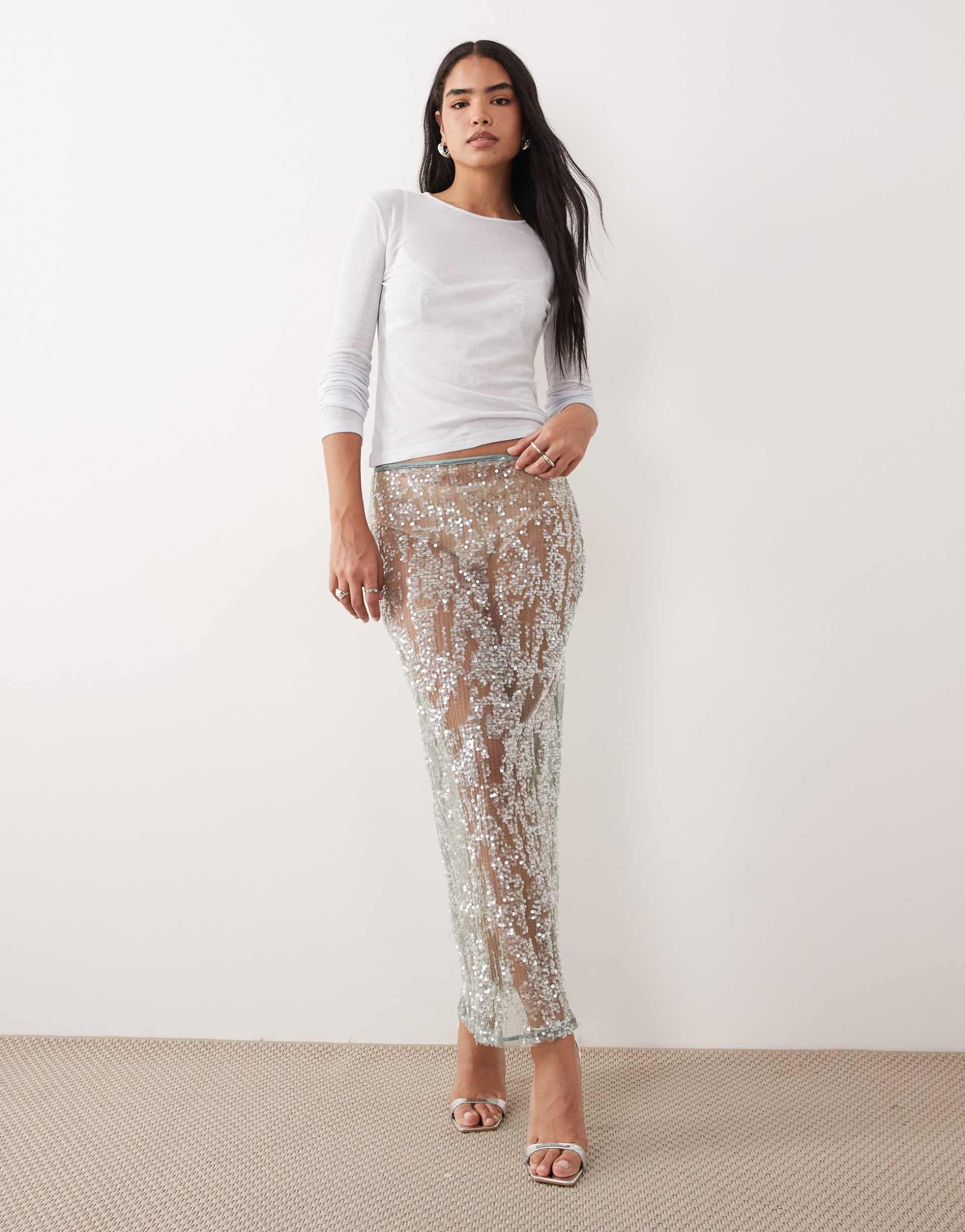 asos design sheer sequin mesh maxi skirt in mint