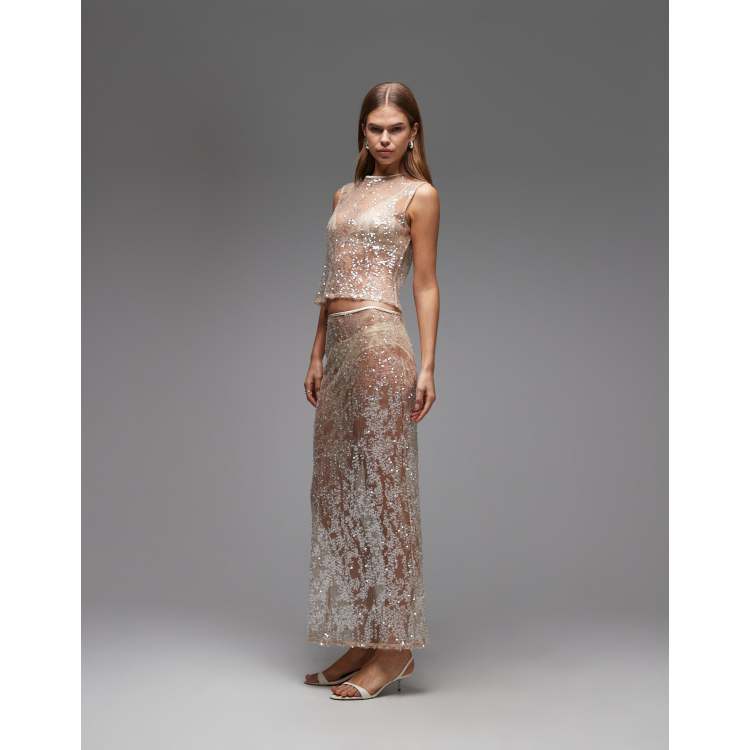 ASOS DESIGN sheer sequin mesh maxi skirt in rose gold | ASOS