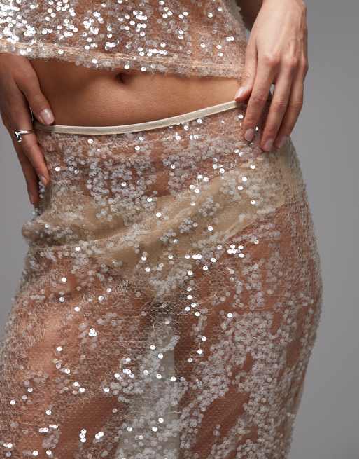 ASOS DESIGN sheer sequin mesh maxi skirt in rose gold