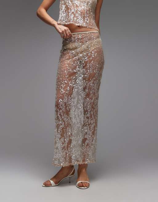 ASOS DESIGN sheer sequin mesh maxi skirt in rose gold
