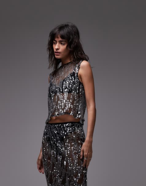 ASOS DESIGN sheer sequin mesh tank top in black