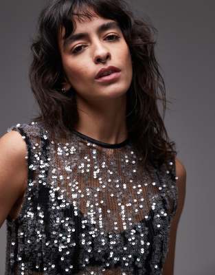 Asos Design Sheer Sequin Mesh Tank Top In Black