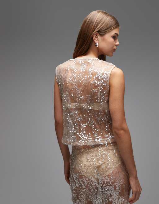 ASOS DESIGN sheer sequin mesh tank top in rose gold