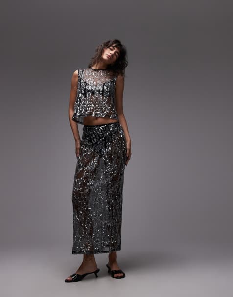ASOS DESIGN sheer sequin mesh tank top & maxi skirt in black - view 1