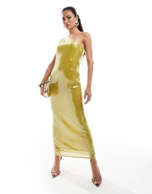 Asos Design Sheer Sequin One Shoulder Midi Dress In Chartreuse-yellow