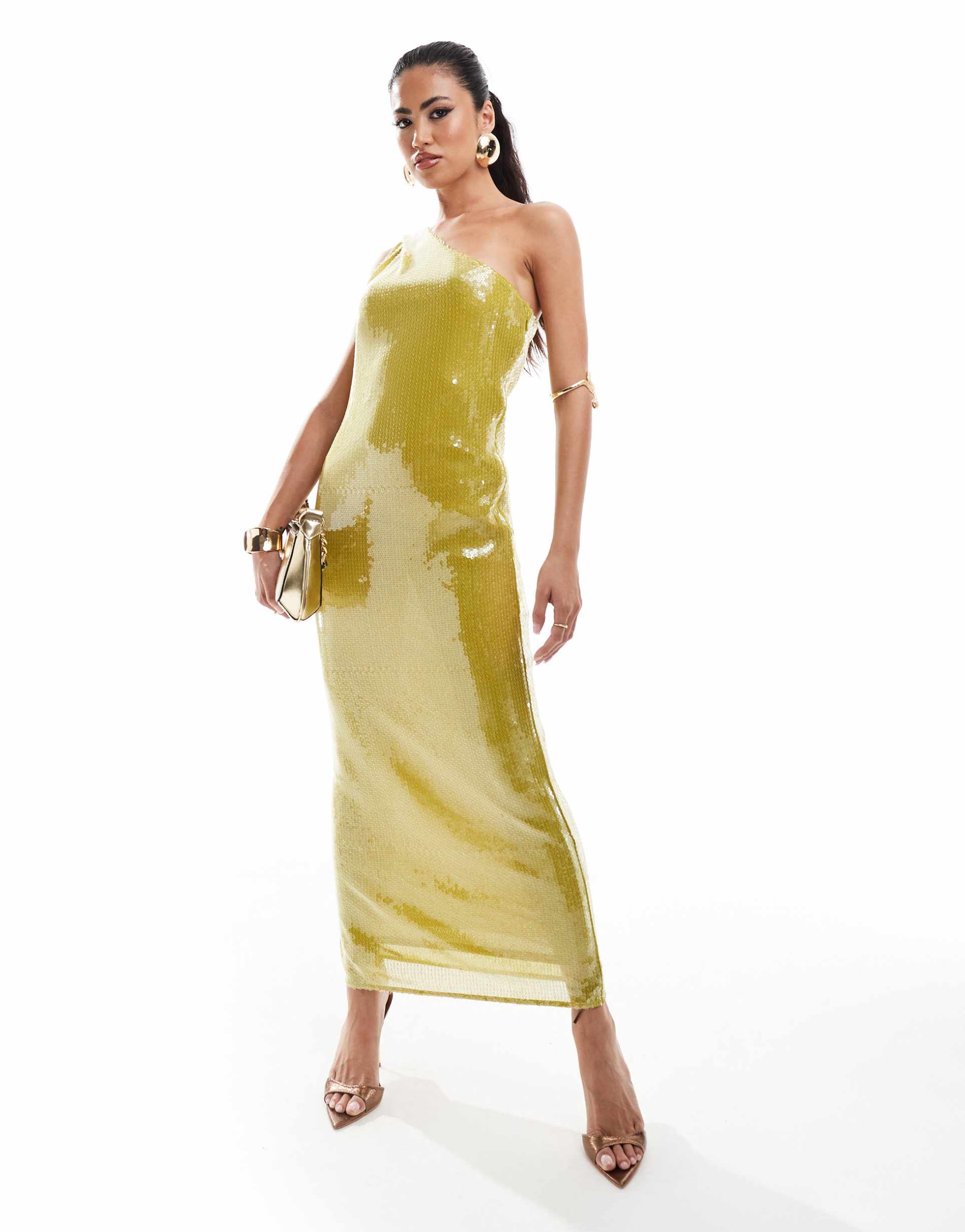 asos design sheer sequin one shoulder midi dress in chartreuse