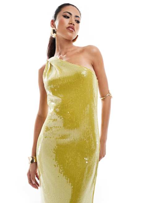 ASOS DESIGN sheer sequin one shoulder midi dress in chartreuse, 2 of 4