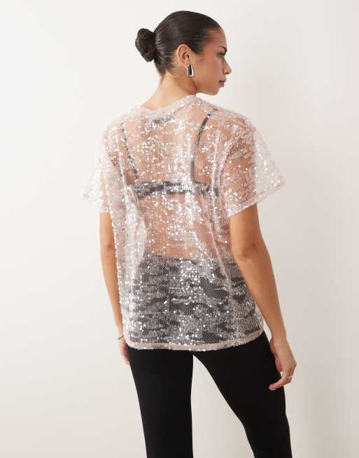 ASOS DESIGN sheer sequin oversized t-shirt in pink, 4 of 4