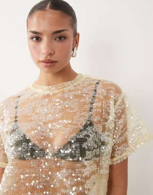 Asos Design Sheer Sequin Oversized T-shirt In White