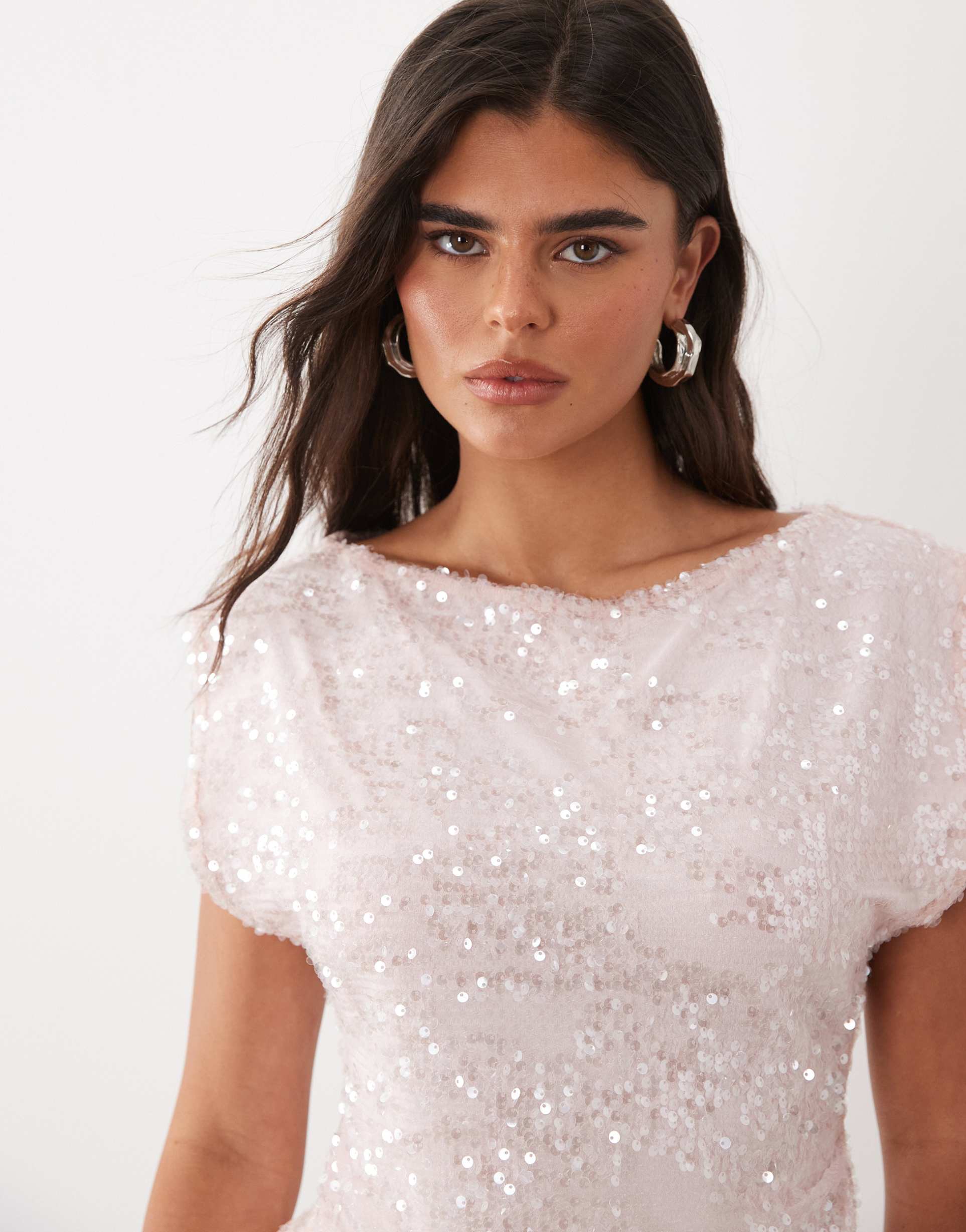 asos design sheer sequin slash neck top in pink