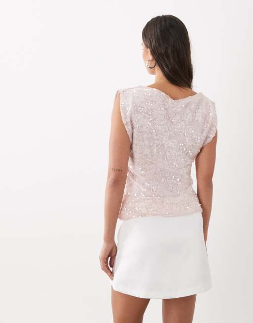 ASOS DESIGN sheer sequin slash neck  top in pink, 3 of 4