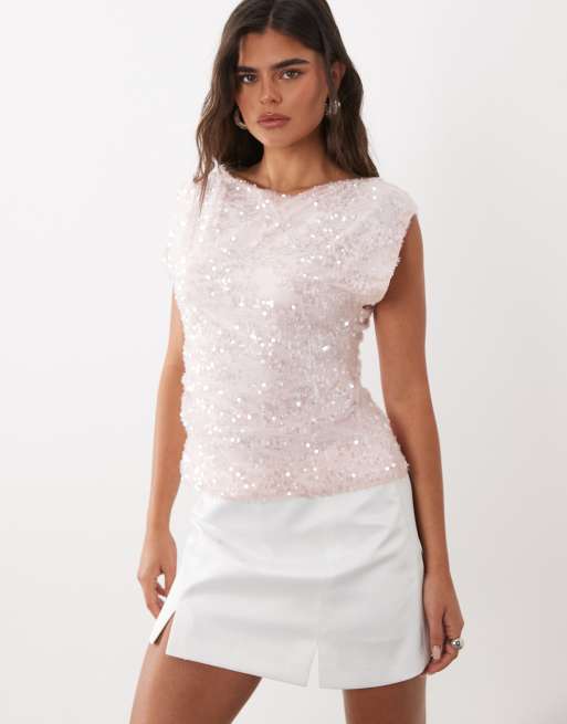 ASOS DESIGN sheer sequin slash neck  top in pink, 4 of 4