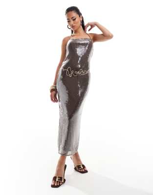 Asos Design Sheer Sequin Square Neck Midi Dress With Cross Strap Detail In Chocolate-brown