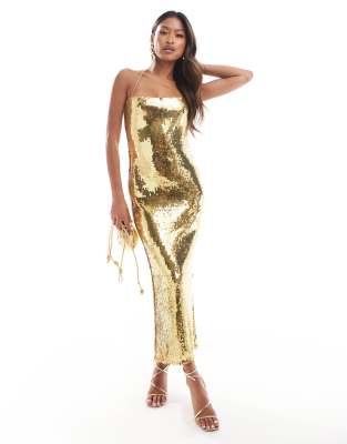 Asos Design Sheer Sequin Square Neck Midi Dress With Cross Strap Detail In Gold