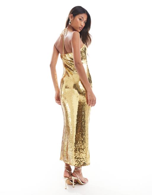 ASOS DESIGN sheer sequin square neck midi dress with cross strap detail in gold