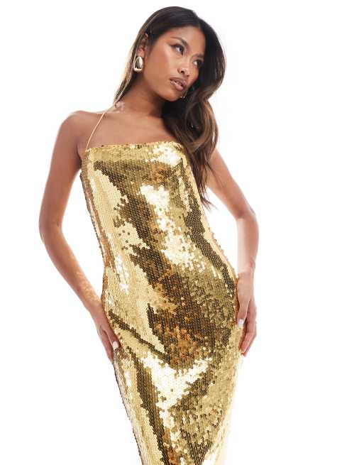 ASOS DESIGN sheer sequin square neck midi dress with cross strap detail in gold