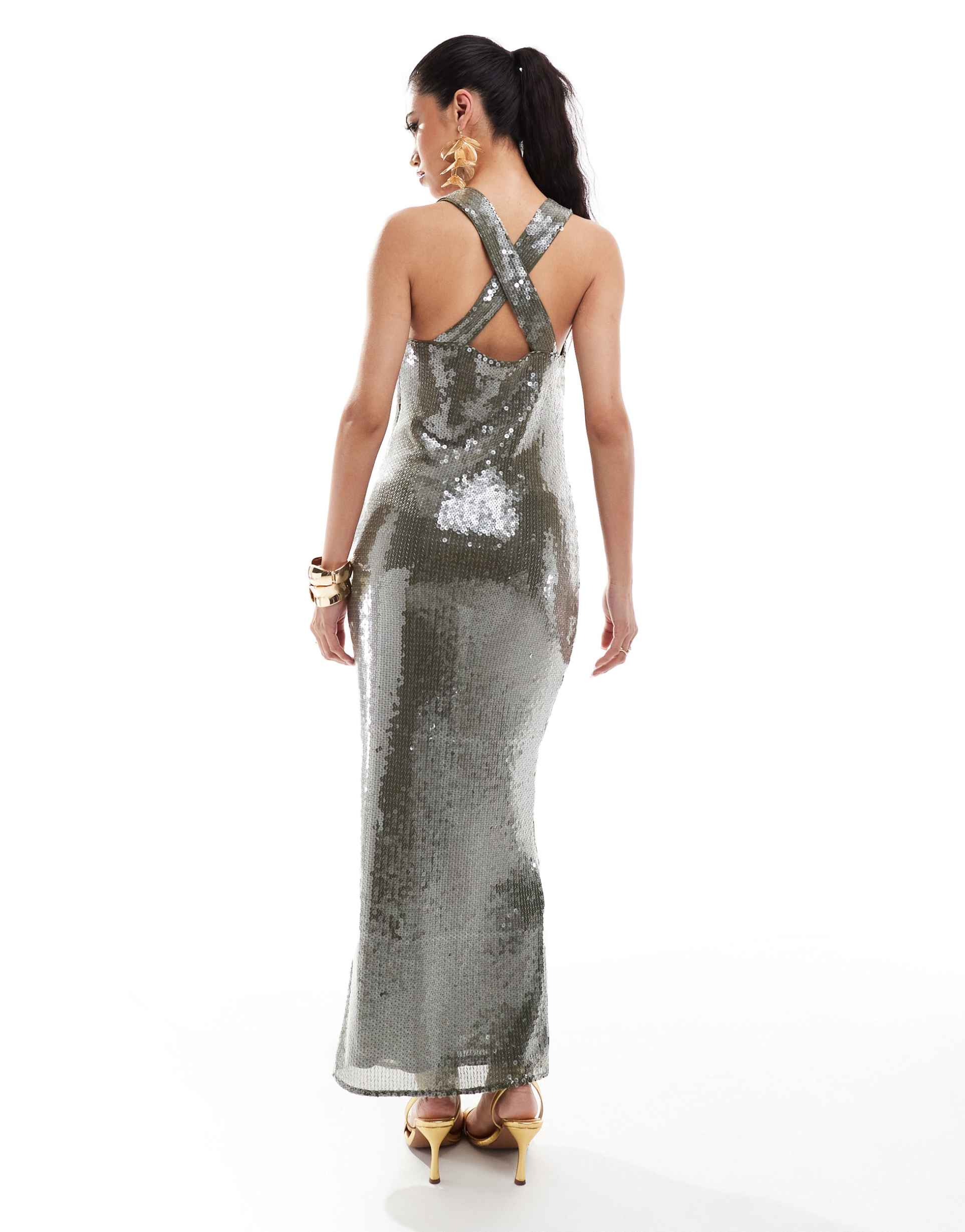 asos design sheer sequin super scoop neck midi dress in khaki