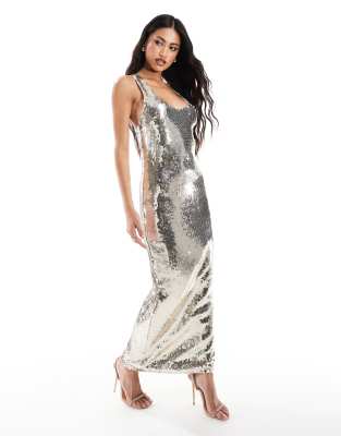 Asos Design Sheer Sequin Super Scoop Neck Midi Dress In Silver