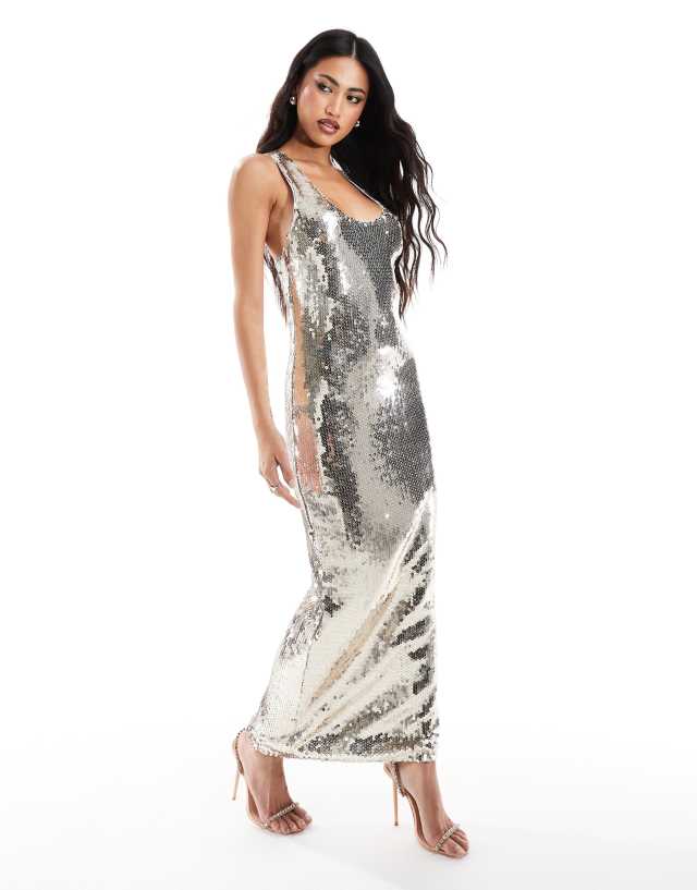 silver sheer strappy panel sequin bodycon dress ASOS DESIGN super scoop neck midi in Size:8 US / 41 EU not quite maxi sizechart-strapless-maxi-dress-default Core Aspect Men's Slim