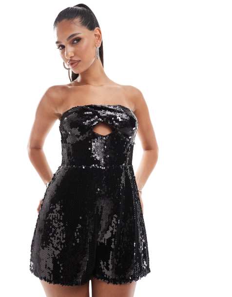 ASOS DESIGN sheer sequin twist detail bandeau playsuit in black - view 1