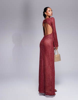 sheer shimmer knit angel sleeeve maxi dress with cut out back in red