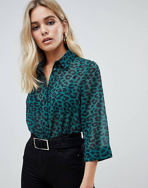 ASOS DESIGN sheer shirt in green leopard print