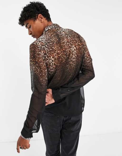 BoohooMAN Sheer Flocked Leopard Shirt Sleeve Shirt in Black for