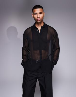 Asos Design Sheer Shirt With Bib Detail In Black