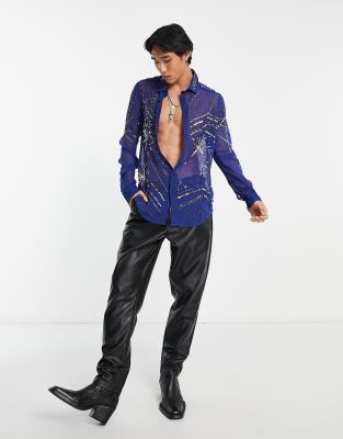 ASOS DESIGN sheer shirt with firework embellishment in blue  - ASOS Price Checker