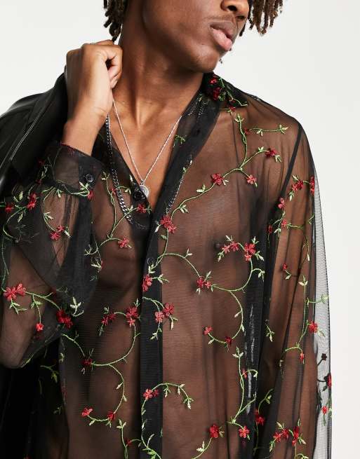 Sheer black top store with floral embroidery