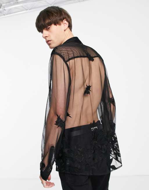 ASOS DESIGN sheer shirt with floral embroidery in black