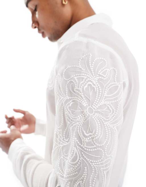 ASOS DESIGN sheer shirt with floral embroidery in white | ASOS