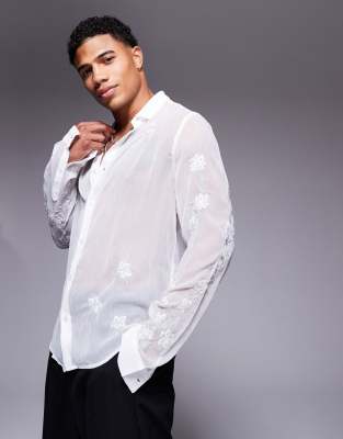 Asos Design Sheer Shirt With Floral Embroidery In White