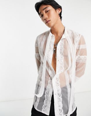 ASOS DESIGN sheer shirt with lace detail and pussybow neck tie in white ...