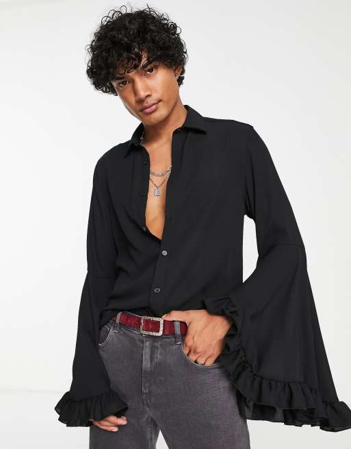 Black Flared Sleeve Frill Blouse